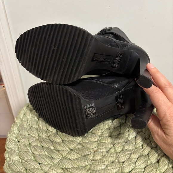 KARL LAGERFELD PARIS Blayze Black Mesh Beaded Heel Peep Toe Lug Sole Booties - Picture 8 of 10